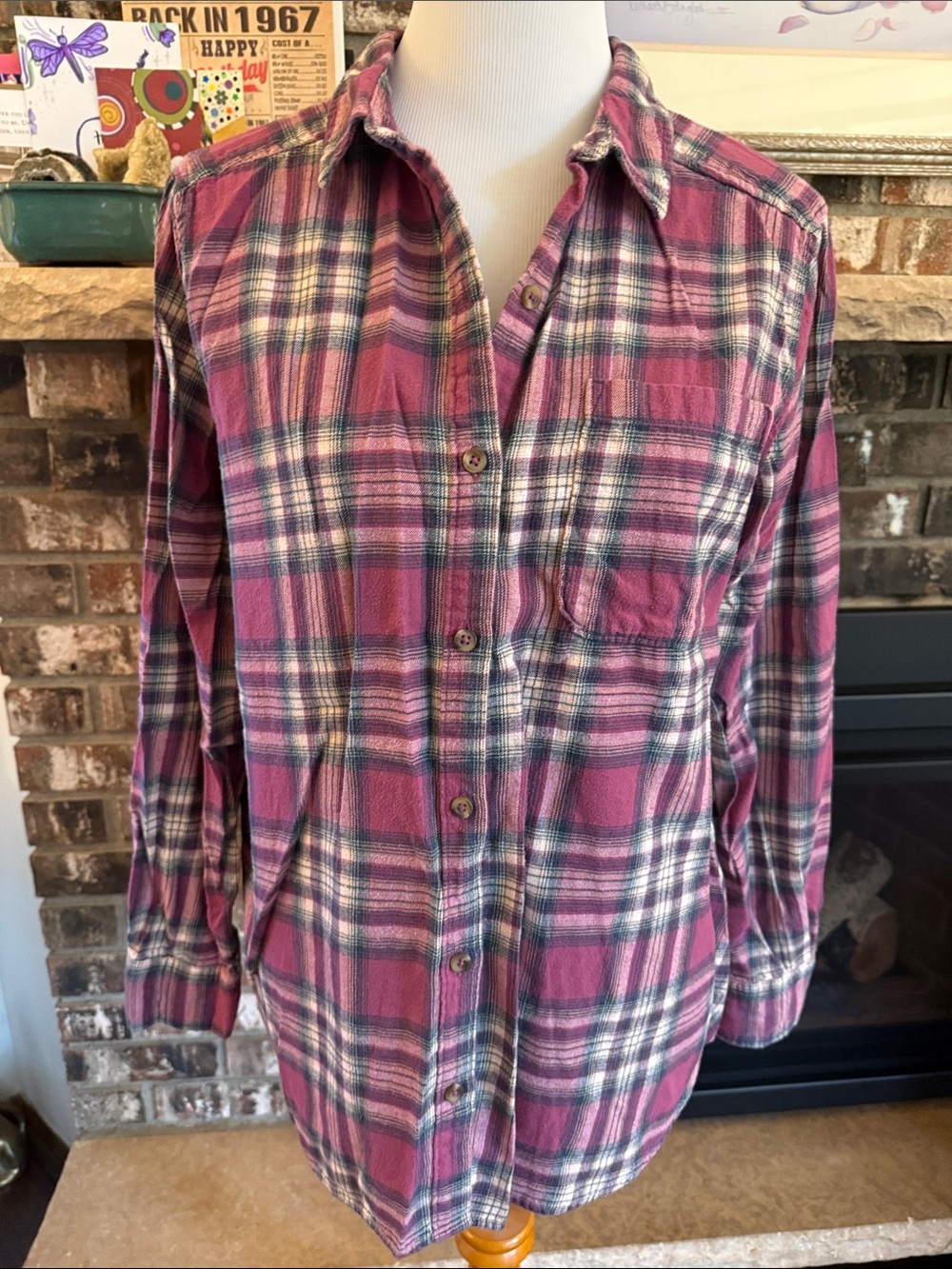 SO Plaid Cotton Flannel Button-up Shirt - pinks, cream & tan shades. Soft and co